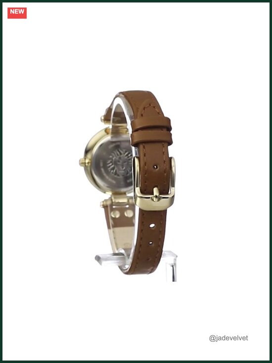 Women\'s Leather Strap Watch Gold-Tone Case Mineral Crystal Japanese Quartz
